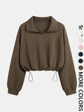 Women's Half-Zip Stand Collar Drawstring Adjustable Short Sweatshirt