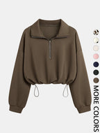 Women's Half-Zip Stand Collar Drawstring Adjustable Short Sweatshirt