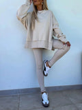 Women's Solid Drop Shoulder Split Hem Sweatshirt & Pants Two-piece Set