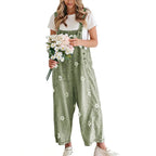 Women's Bib Overalls, Cute Floral Print Denim Jumpsuit with Baggy Wide Leg and Adjustable Straps