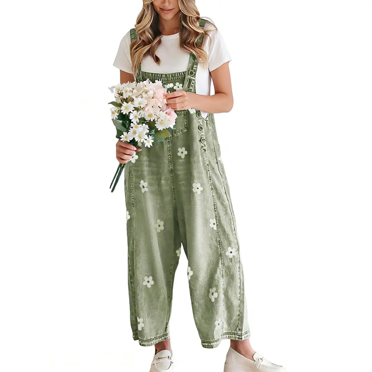 Women's Bib Overalls, Cute Floral Print Denim Jumpsuit with Baggy Wide Leg and Adjustable Straps