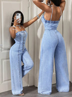 Women's Casual Denim Halter Backless Wide Leg Pants
