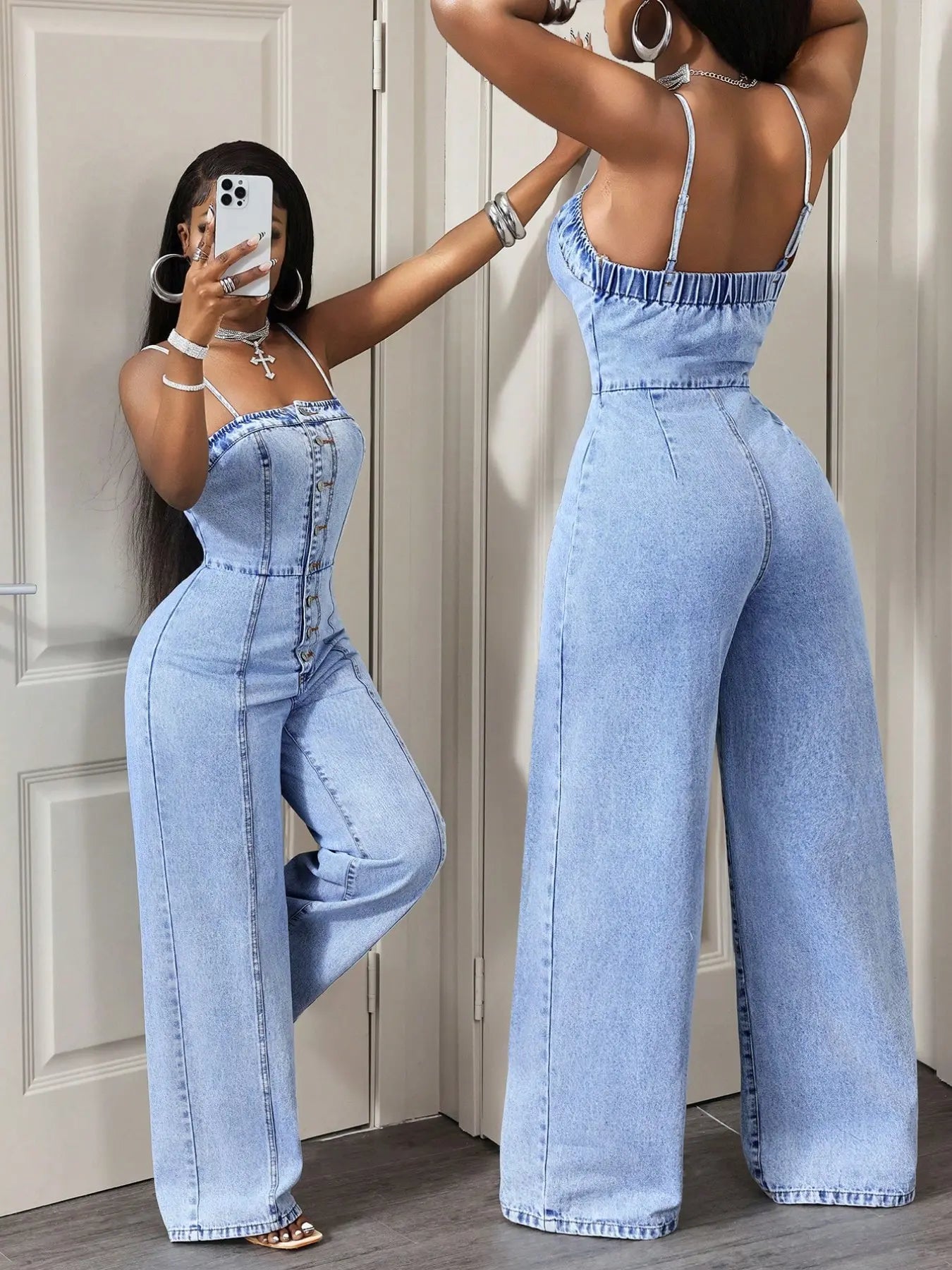 Women's Casual Denim Halter Backless Wide Leg Pants