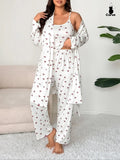 Plus Size Cherry Print Women's Sweet Comfortable Belted Robe & Sleeveless Long Pants & Cami Set