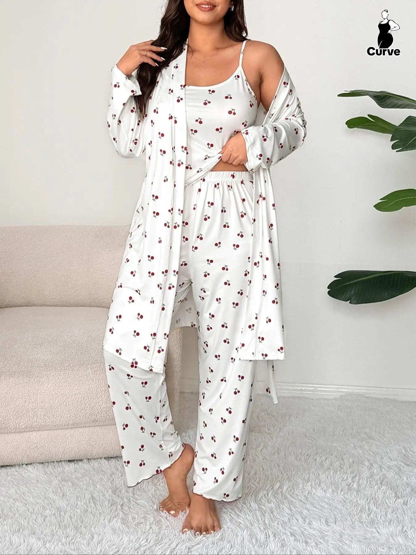 Plus Size Cherry Print Women's Sweet Comfortable Belted Robe & Sleeveless Long Pants & Cami Set