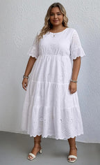 【Plus Size】 Solid Eyelet Embroidery Dress, Boho-Style Round-Neck Dress for Vacation and Everyday Wear – Women's Summer Clothing