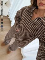 Women's 2pcs Set Loose Striped V-Neck Drop Shoulder Long Sleeve T-Shirt &Elastic Waist Striped Pants