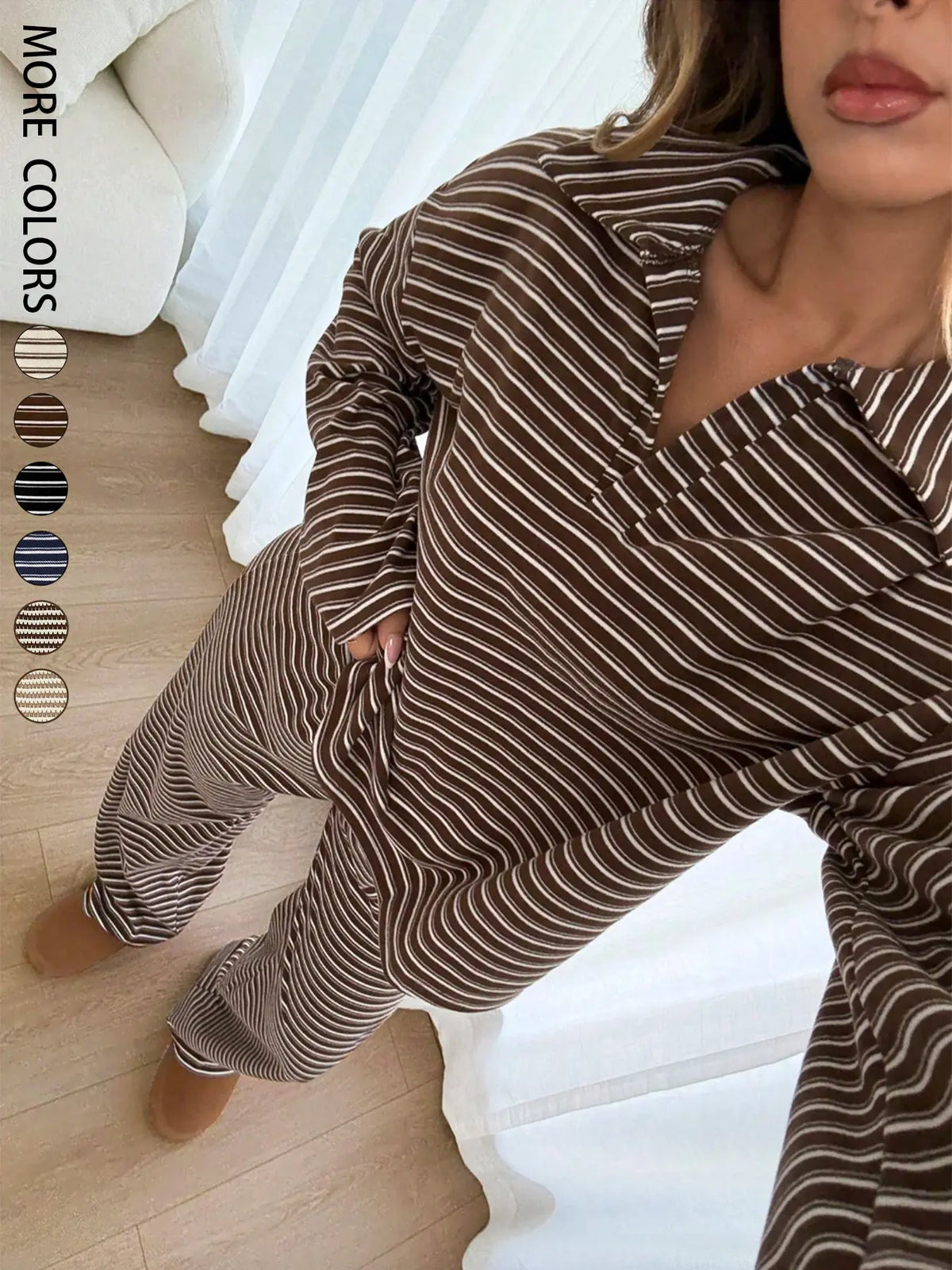 Women's 2pcs Set Loose Striped V-Neck Drop Shoulder Long Sleeve T-Shirt &Elastic Waist Striped Pants