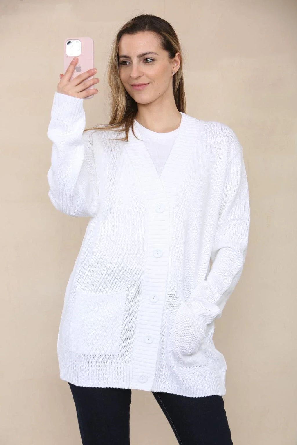 Women’s Long Sleeve Matching Button Open Front Aran Knit V-Neck Cardigan