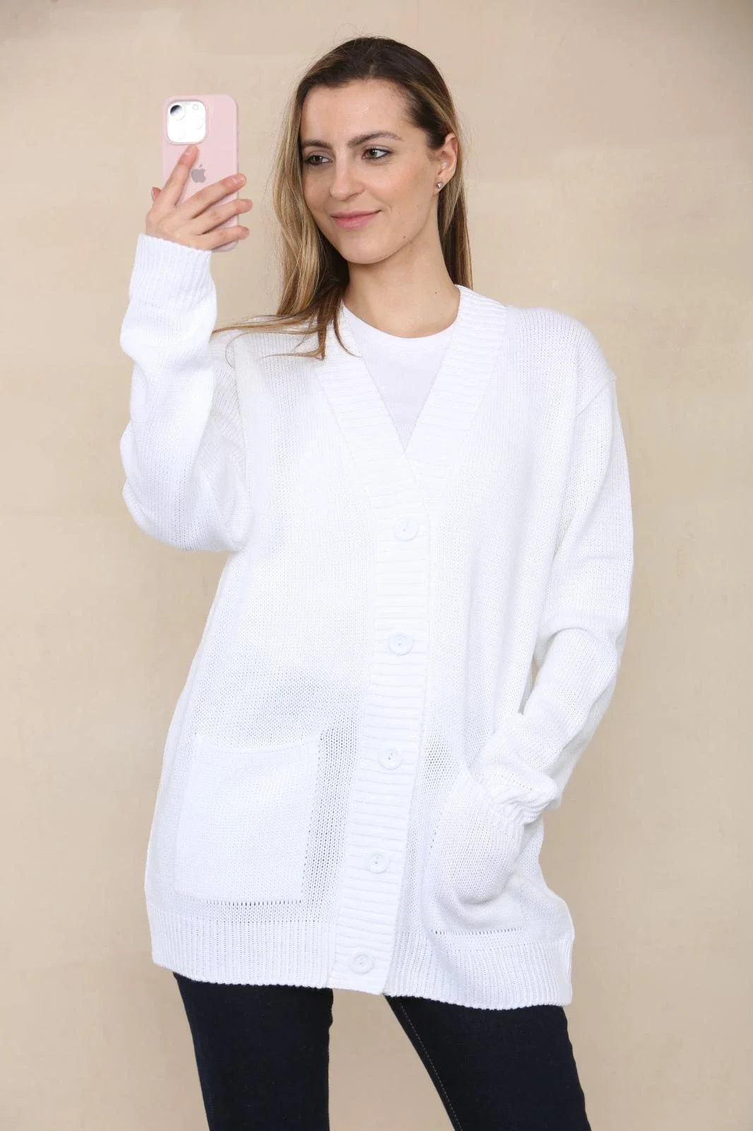 Women’s Long Sleeve Matching Button Open Front Aran Knit V-Neck Cardigan