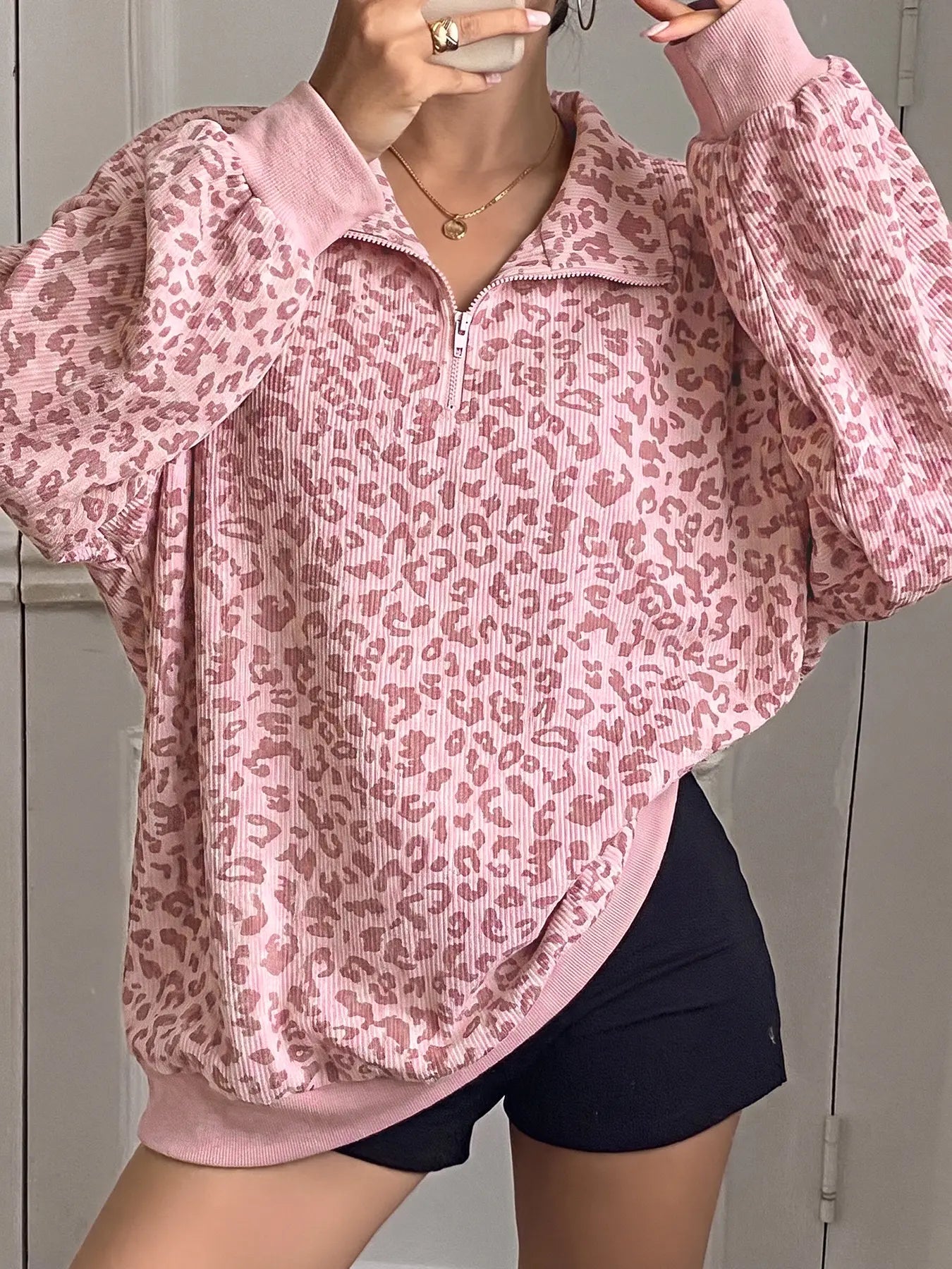 Women Casual Zip Up Front Long Sleeve Leopard Print Sweatshirt,Fall Clothes