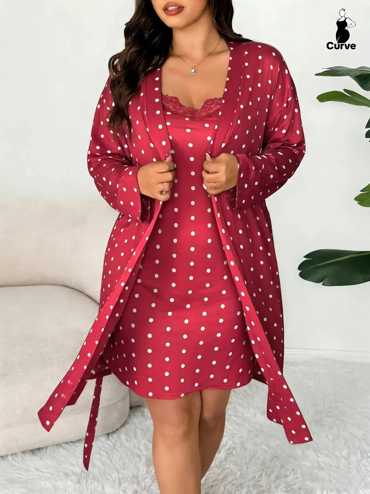 Plus Size Women's Nightwear Set, Floral Print Lace Nightdress + Long Robe
