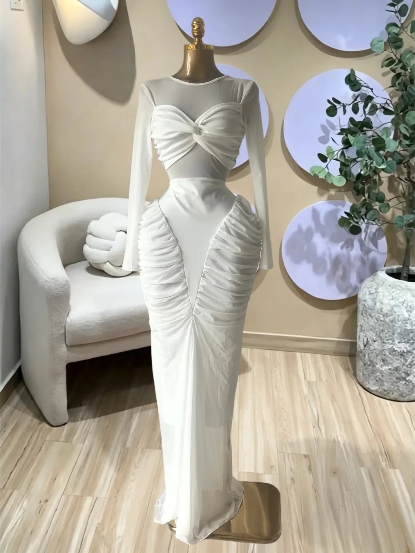 Women's Long Sleeve Patchwork Pleated Tiered Tie Smoked Formal Prom Dress