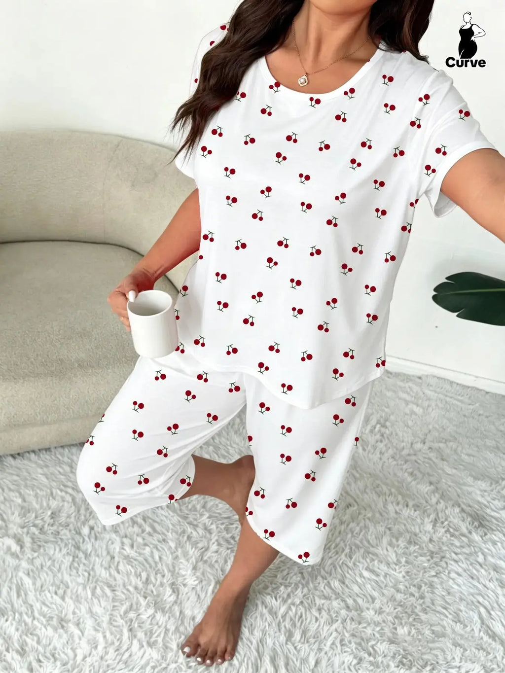Plus-Size Women's Cherry Print Round Neck Short Sleeve Top and Capri Pants Set