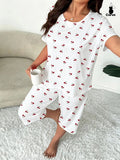 Plus-Size Women's Cherry Print Round Neck Short Sleeve Top and Capri Pants Set