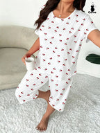 Plus-Size Women's Cherry Print Round Neck Short Sleeve Top and Capri Pants Set