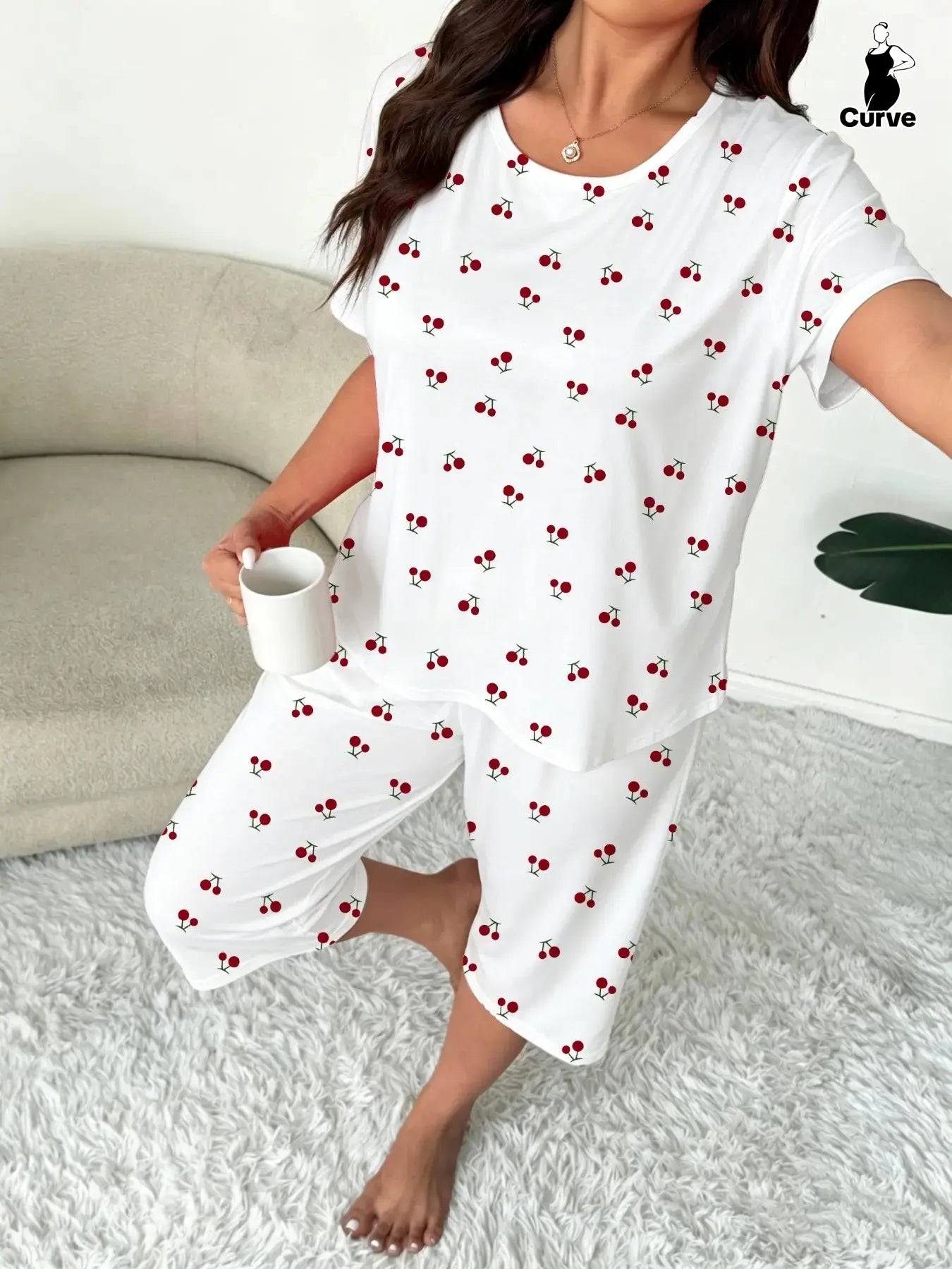 Plus-Size Women's Cherry Print Round Neck Short Sleeve Top and Capri Pants Set