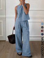 Two-Piece Women's Casual Summer Striped Lightweight Spaghetti Strap Sleeveless Top & Loose Long Pants Outfit Set, Comfortable Stylish Set