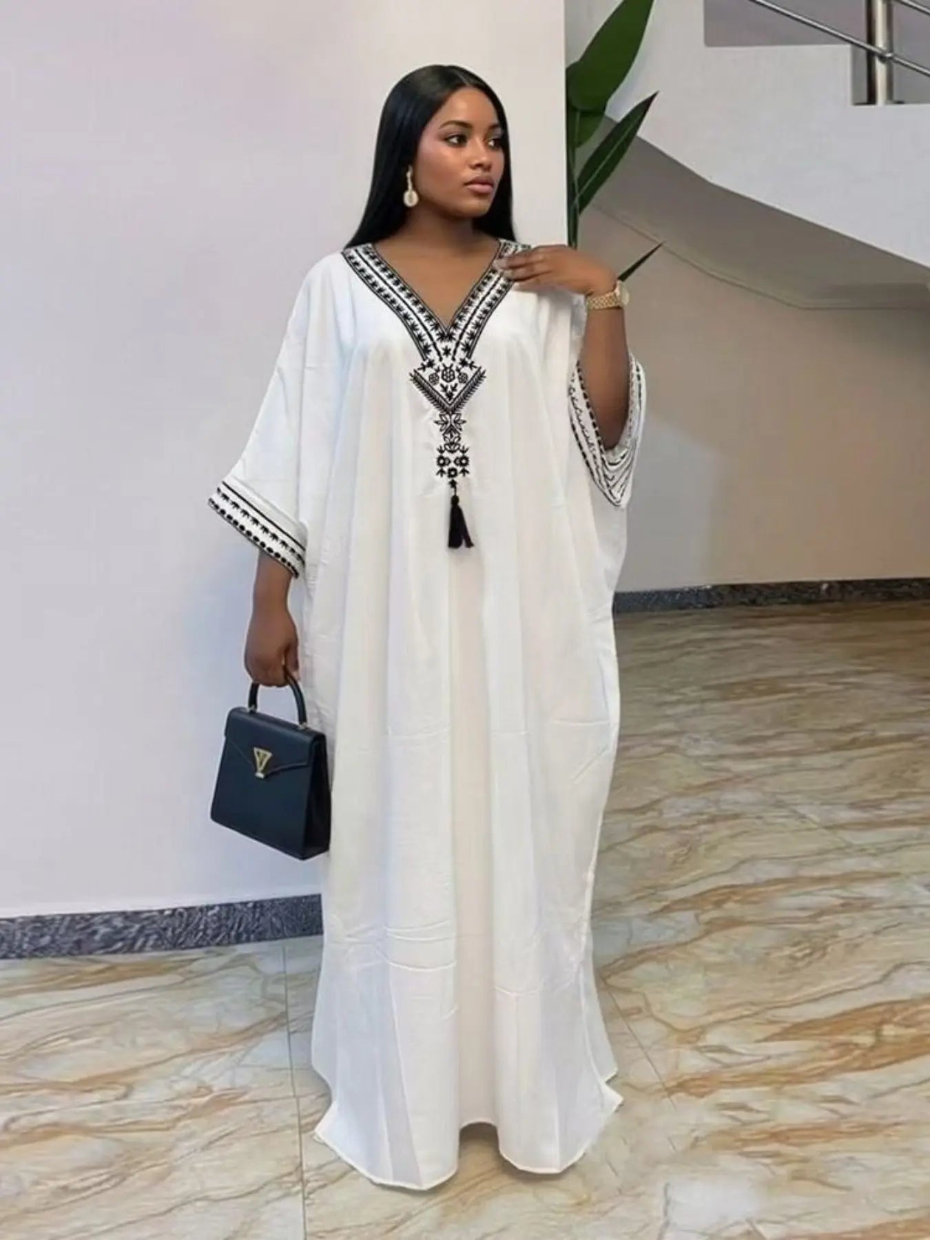 Women's Summer Solid Color Embroidered Fringe Caftan Casual Wear Dress with Pockets and Side Slit