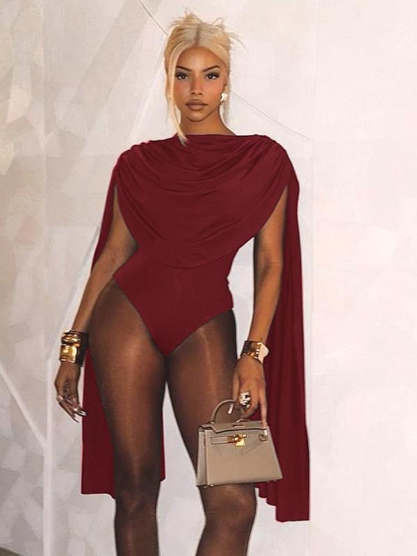 Women's Solid Color Bodysuit, Fashion Minimalist  Casual Cowl Neck Bodycon Bodysuit for Nightlife, Women's Clothes for Summer, Womenswear