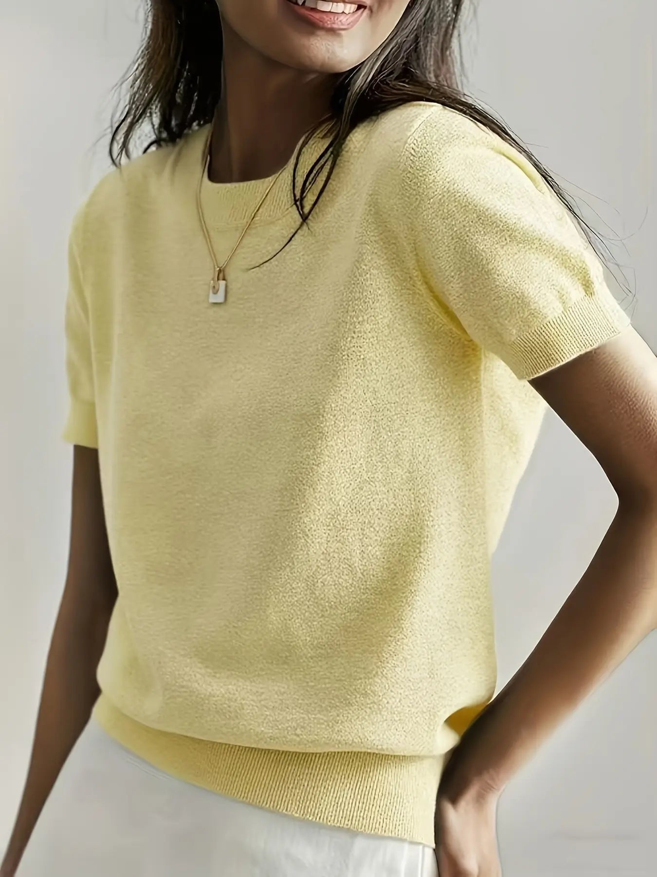 Women's Solid Color Crew Neck Short Sleeve Sweater, Casual Basic Knit Pullover for Spring & Fall, Fashion Women's Knitwear for Daily Wear, Womenswear
