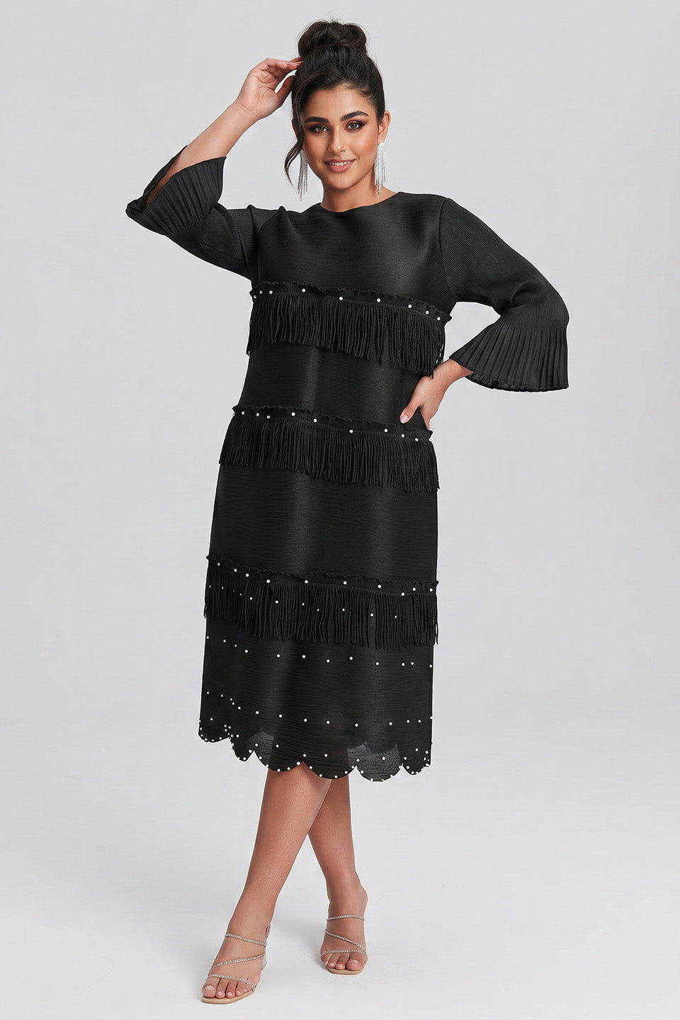 Curveins Plus Size Round Neck Fringe Detail Elegant Loose Pleated Midi Dress