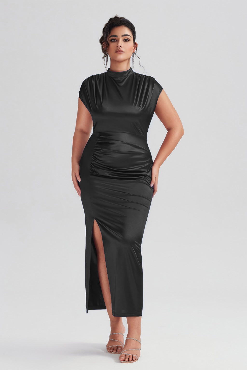 Plus Size Satin High-Waisted Blue Maxi Dress