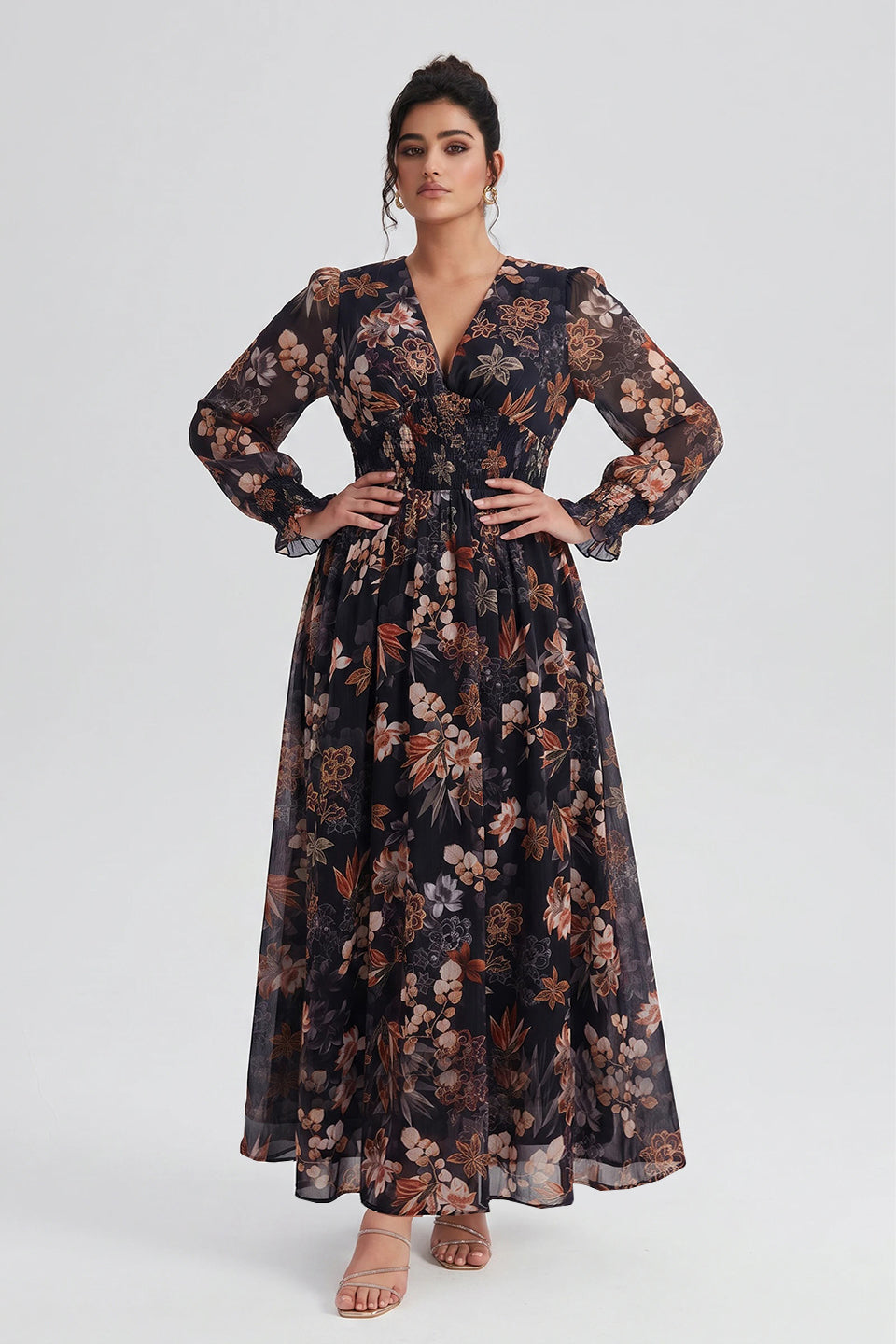 Curveins Plus Size V Neck Long Sleeve Floral Waist Maxi Dress