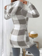 Women's  Plaid & Fluffy Trim Zip Front Hoodie Jacket, Ladies Casual In Fall/Winter