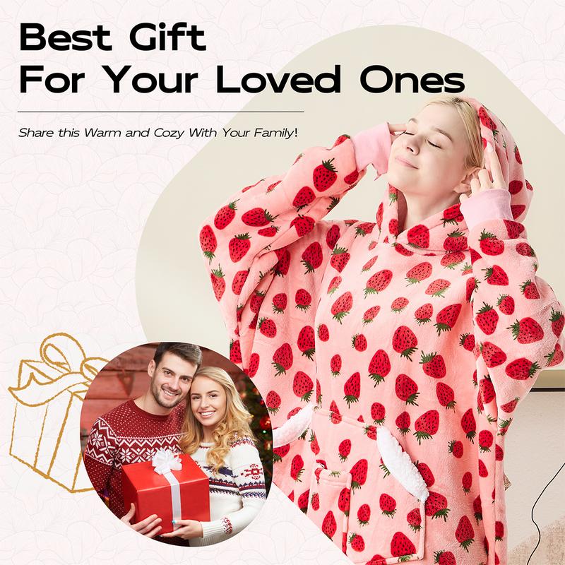 Wearable Blanket Hoodie Oversized Sherpa Fleece Hooded Sweatshirt Blanket with Sleeves,Cozy and Giant Blanket Hoodie Extra Long for Adults Women Winter Gift (Strawberry)