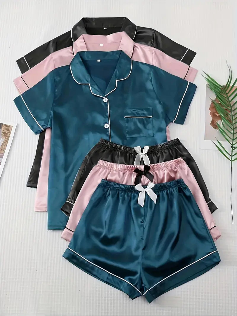 Women's Solid Contrast Binding Bow Decor Pajama Set, Short Sleeve Button Front Lapel Shirt & Shorts Pj Set, Ladies Summer Sleepwear & Loungewear