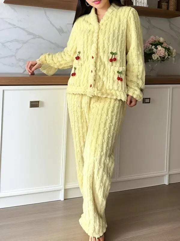 Women's Cherry Decor Fuzzy Lounge Set, Elegant Casual Long Sleeve Top & Pants Set, Women's Sleepwear for Fall & Winter, Pajama