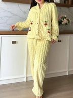 Women's Cherry Decor Fuzzy Lounge Set, Elegant Casual Long Sleeve Top & Pants Set, Women's Sleepwear for Fall & Winter, Pajama