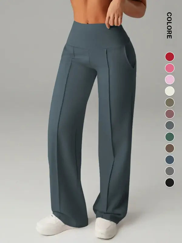 Women's High Waisted Side Pocket Joggers, Casual Sporty Yoga Pants, Loose Fit Elastic Waist, All Seasons Long Regular Leggings