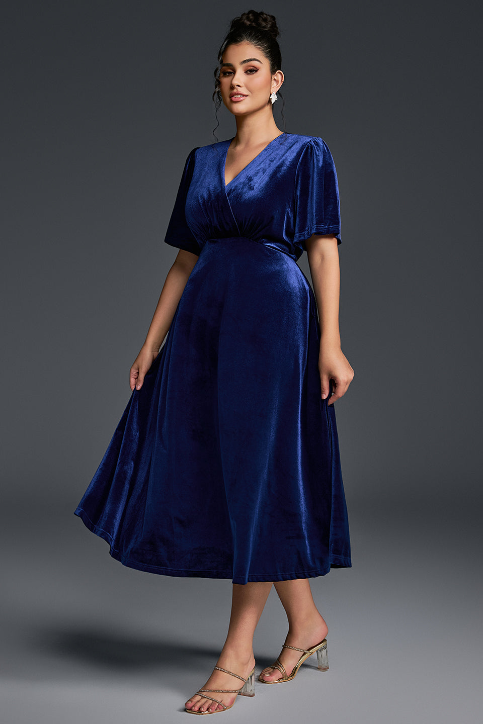 Curveins Plus Size Velvet V-Neck Ruched Hem Maxi Dress