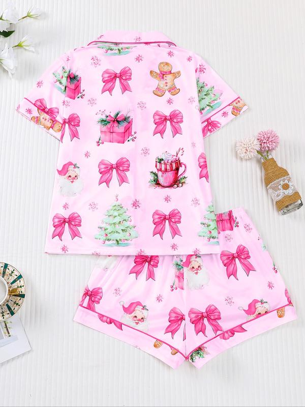 Women's Christmas Pajama Set, Santa Cookie Print, Short Sleeve Button-up Top & Elastic Shorts, Casual All-season Sleepwear, Christmas Pyjamas, Loungewear
