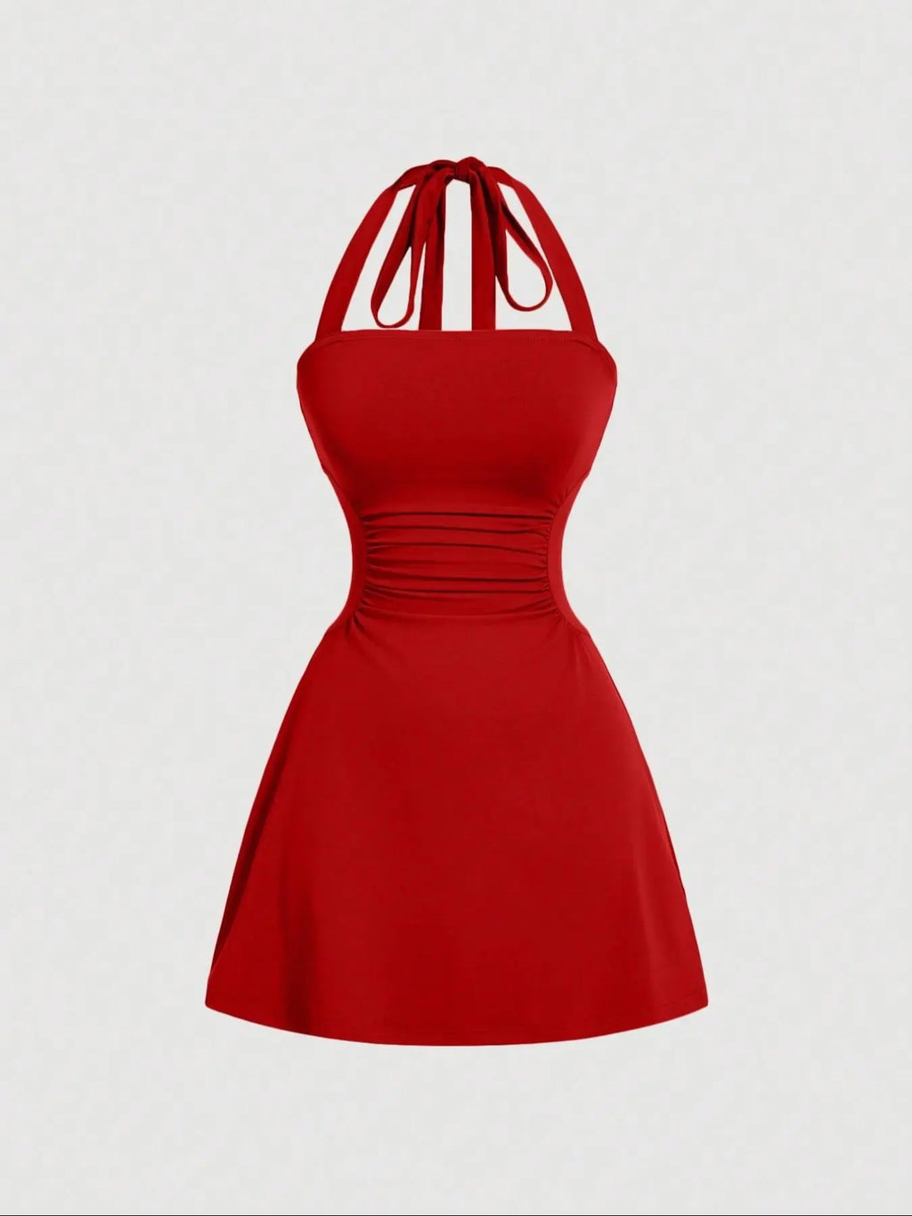 Women's Plain Ruched Tie Back Halter Neck Dress