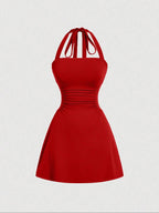 Women's Plain Ruched Tie Back Halter Neck Dress