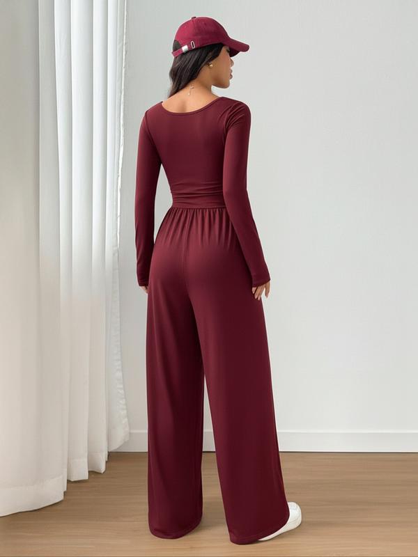 Women's Fall Winter Knit Wide Leg Jumpsuit, Casual Fashion Plain Color Round Neck One-Piece, Versatile Long Sleeve Romper