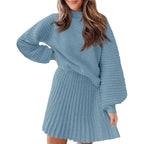 Women's 2 Piece Outfits 2025 Long Sleeve Mock Neck Ribbed Sweaters And Mini Skirt Two Piece Sets