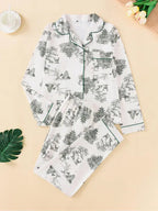 Two-Piece Set Women's All Over Print Button Front Pocket Lapel Shirt & Elastic Waist Pants Pyjama, Casual Comfy Long Sleeve Top & Trousers PJ Set, Women's Sleepwear for Spring & Fall