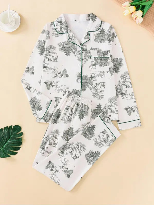 Two-Piece Set Women's All Over Print Button Front Pocket Lapel Shirt & Elastic Waist Pants Pyjama, Casual Comfy Long Sleeve Top & Trousers PJ Set, Women's Sleepwear for Spring & Fall