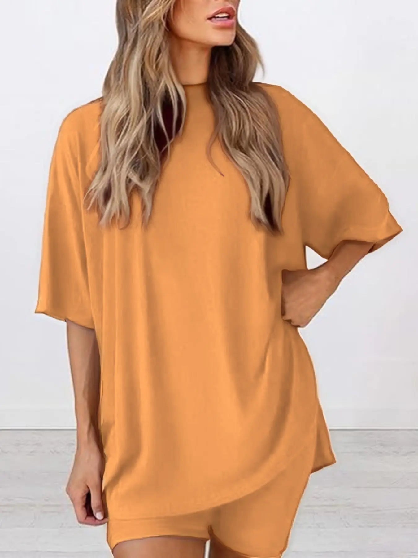 Women's Solid Color T-Shirt and Tight Shorts Set, Casual Summer Comfort Round Neck Sleepwear, Pocket Design, Outdoor Wear