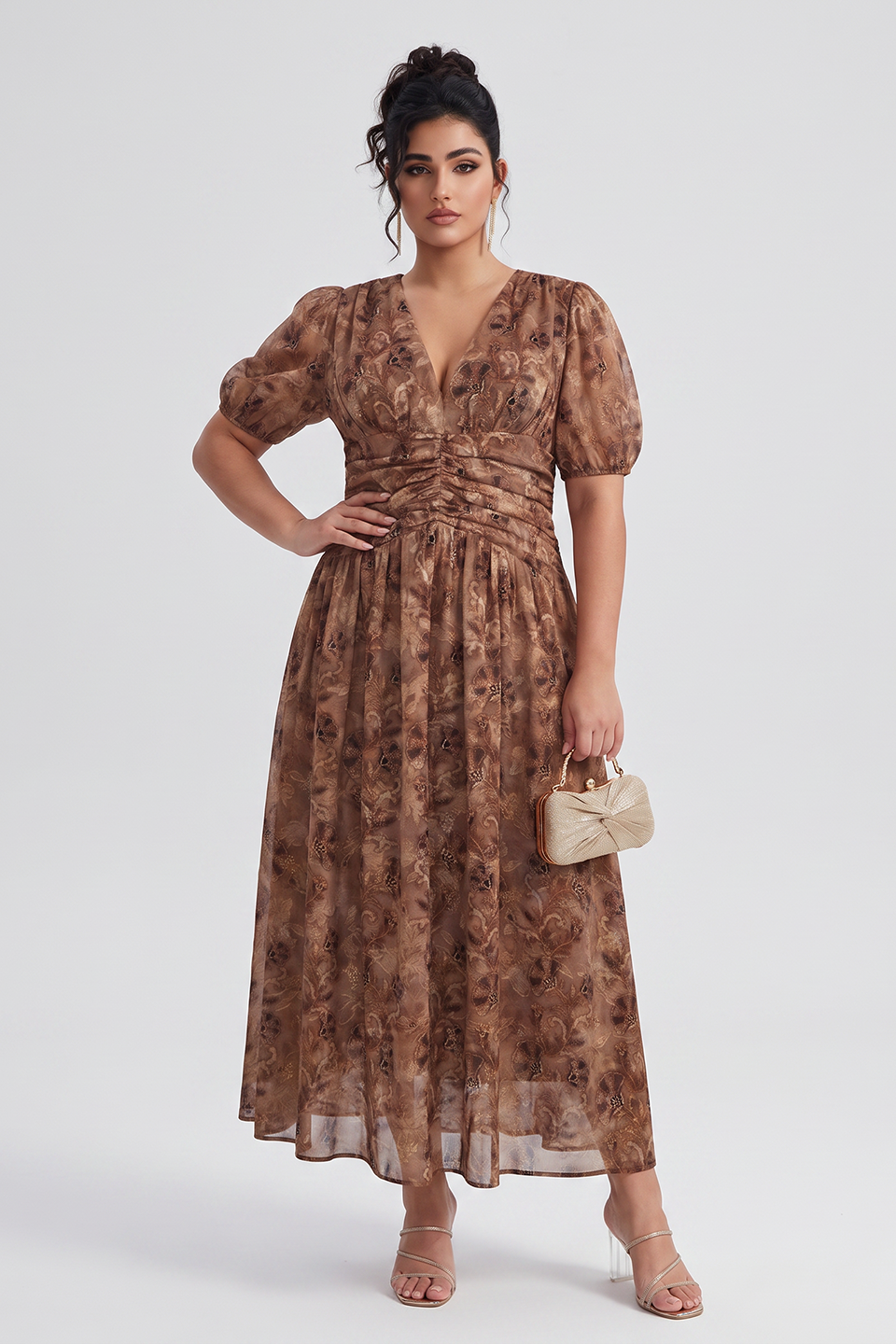 Curveins Plus Size V Neck Short Sleeve Floral Ruched Waist Flowy Elegant Maxi Dress