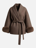 Women's Elegant Solid Color Waist Tie Plush Long Sleeve Thermal Wrap Coat