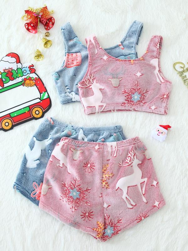 4 Counts/2 Set Women's Halloween Print Glow in The Dark Crop Tank Top & Elastic Waist Shorts Fluffy Pajamas, Casual Comfortable Loungewear for Women, Comfy Loungewear for Women, Women's Sleepwear for Fall, Fluffy Pajamas