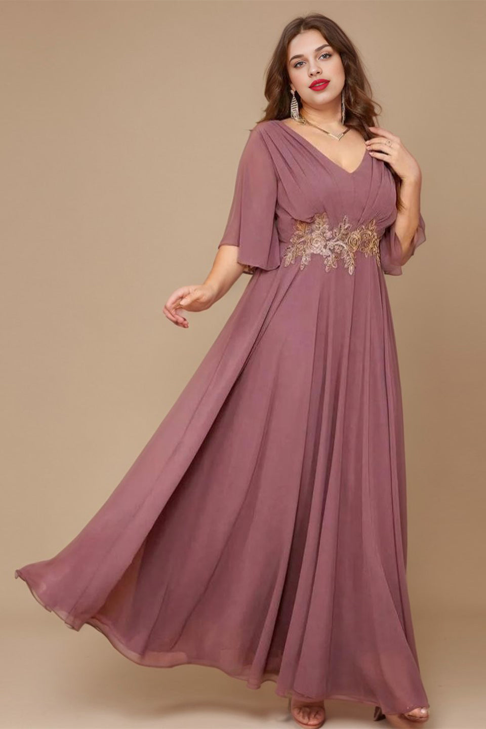 Curveins Plus Size Batwing Sleeve V Neck Gathered Waist Elegant Maxi Dress