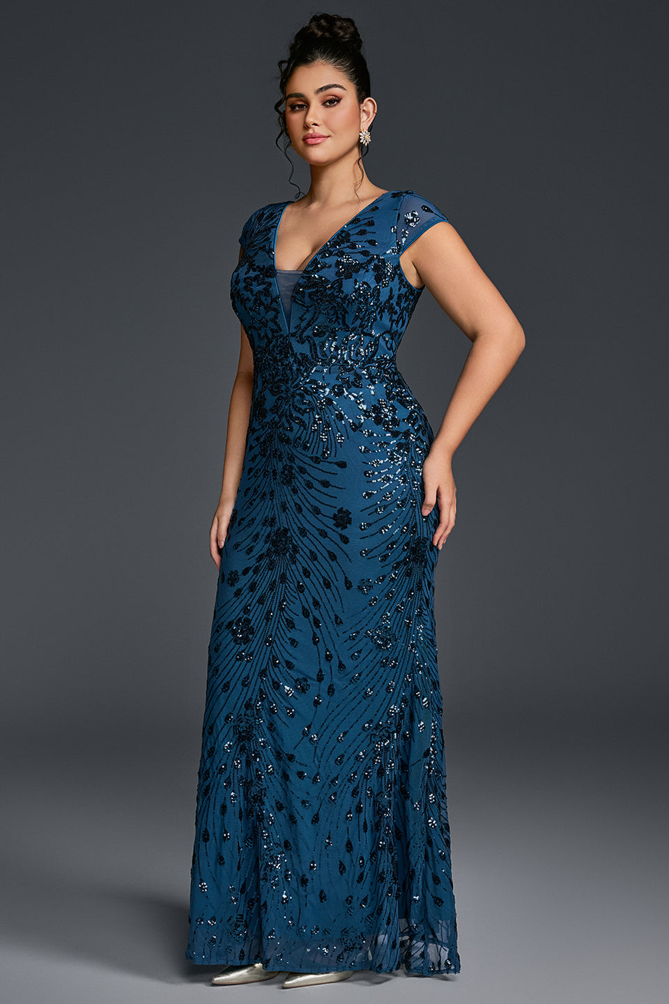 Curveins Plus Size V-neck and Waist Cinch Sequin Maxi Dress
