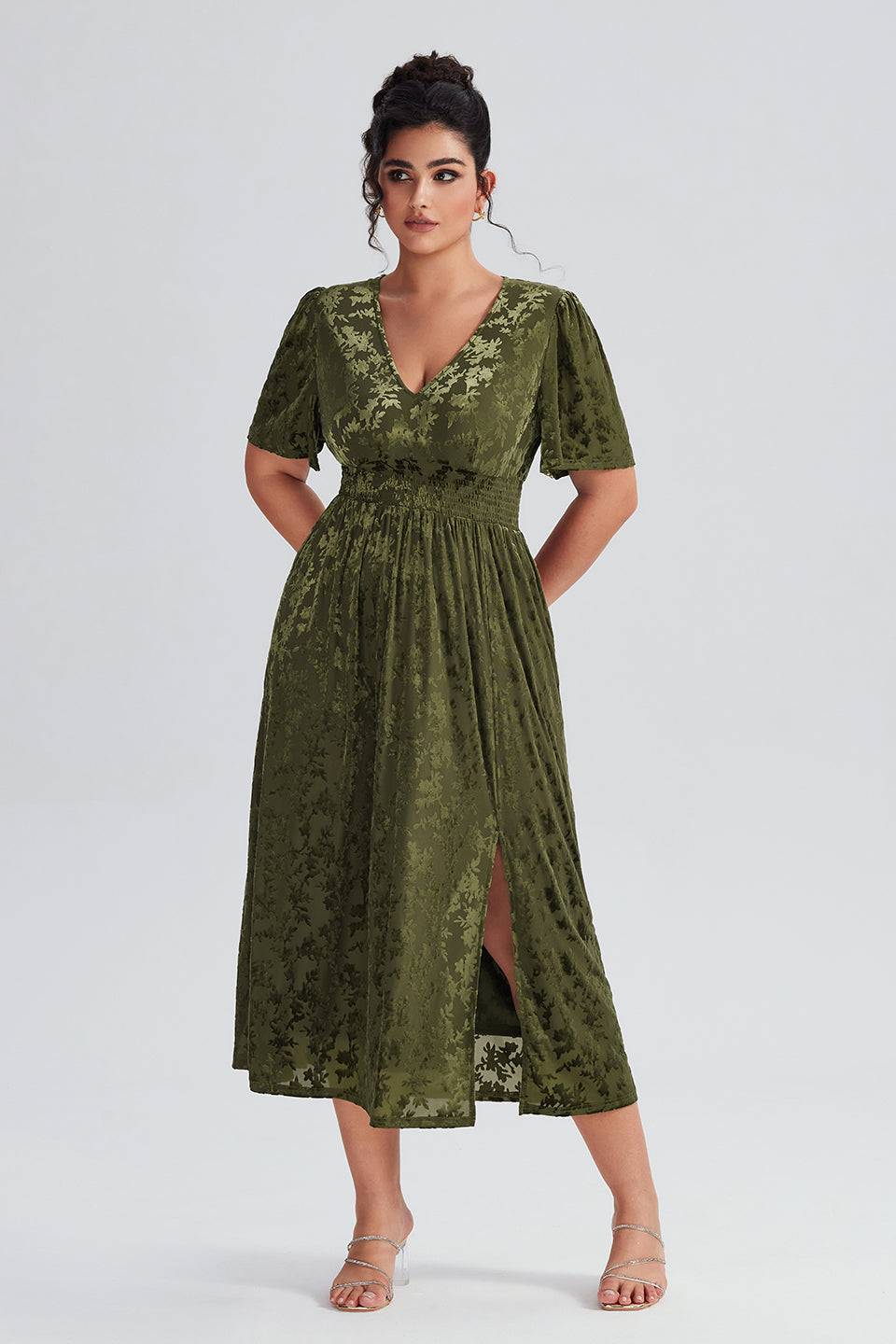 Curveins Plus Size Green Floral Velvet Maxi Dress