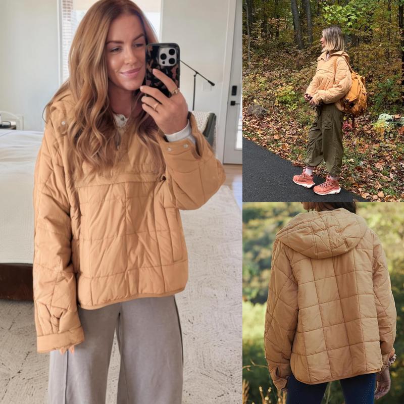 Women's Oversized Puffer Jacket Quilted Dolman Hoodies Pullover Long Sleeve Lightweight Warm Tops with Big Chest Pocket